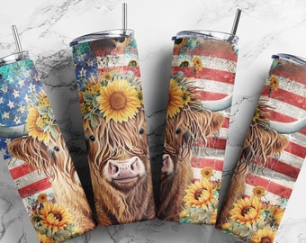 Highland Cow 20 oz Skinny Tumbler Design PNG, Design de sublimation patriotique - 4 juillet Tumbler Wrap #STD