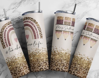 20 oz Skinny Tumbler Pink Rainbow Leopard Glitter Teacher Tumbler Pencil Monogram Teacher Life Sublimation Design PNG Instant Download #STD