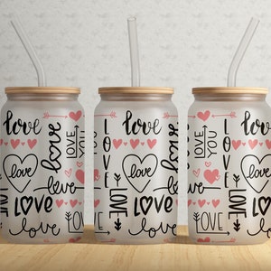 Glass Can Wrap - Valentine&#39;s Sublimation Design - Valentine&#39;s Day -  Heart and Love - 16 oz Libbey Glass Can Tumbler Sublimation Design #GLC