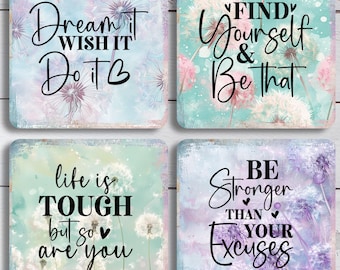Inspirational Coaster SublimationDesign, Dandelion Square Coaster Png, Motivation Quotes