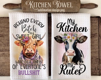 Diseños de sublimación de toallas de cocina con divertidas vacas: Juego de 2 (descarga digital)