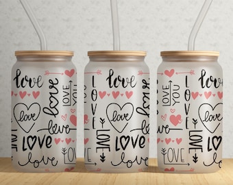Glass Can Wrap - Valentine&#39;s Sublimation Design - Valentine&#39;s Day -  Heart and Love - 16 oz Libbey Glass Can Tumbler Sublimation Design #GLC