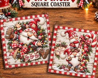 Square Coaster PNG Bundle, Christmas Gnome Designs, Sublimation Coaster PNG, Funny Santa Holiday Graphics