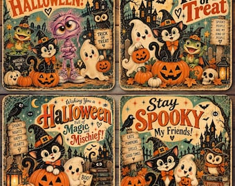Vintage Halloween Coaster Set, Retro Halloween Sublimation Designs, 4 Square Coaster PNG, Spooky Cat Ghost Pumpkin, 300 DPI #SCW