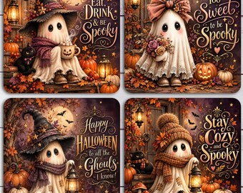 Halloween PNG Bundle, Halloween Coaster PNG Set, Ghost PNG, Whimsical Spooky Fall Sublimation Designs,