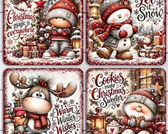 Snowman Square Coaster Design, Christmas Holiday Bundle png, Whimsical Square Coaster Sublimation Designs Clipart Digital File