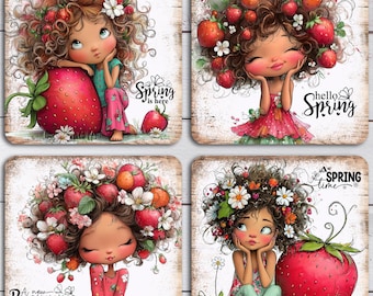Spring Square Coaster Sublimation PNG, Whimsical Strawberry Design Bundle, Digital Download