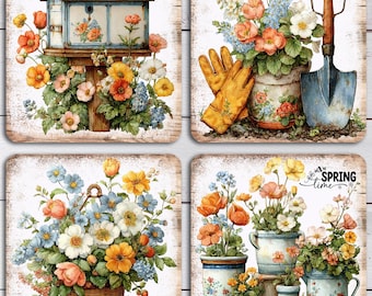 Spring Garden Square Coaster Sublimation PNG, Whimsical Strawberry Design Bundle, Digital Download