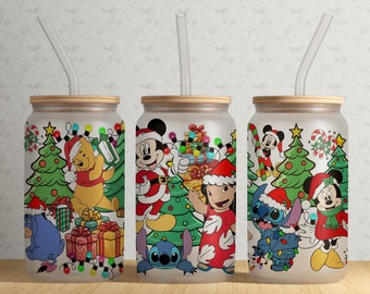 Christmas Cartoon Stitch Winnie Pooh Mickey  - 16oz Libbey Glass Can Png Design For Sublimation, Magical Christmas Png #GLC