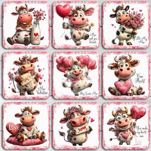 Può includere: Nove sottobicchieri quadrati a tema San Valentino. Ogni sottobicchiere presenta una mucca dei cartoni animati con un cuore, fiori o palloncini. I sottobicchieri hanno uno sfondo bianco con un bordo rosso e testo come "Love", "Moo" e "You make my heart moo".