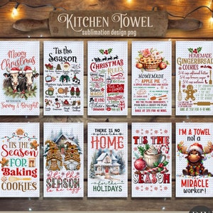 May include: Ten Christmas-themed kitchen towels are displayed, each with a unique design. The towels feature festive images and phrases, including recipes and images of cows and gingerbread men. The text "Kitchen Towel" is at the top.