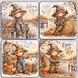 Puede incluir: Cuatro posavasos cuadrados con espantapájaros en entornos otoñales. Los diseños incluyen los textos Autumn Vibes, Hello Fall, Happy Halloween y Cozy Fall Days, junto con calabazas, balas de heno, girasoles y paisajes de lagos.