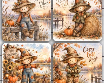 Fall Scarecrow Coaster Design Bundle, Autumn Sublimation, 4 Square Coaster PNG, Cute Rustic Fall Decor, Halloween Coaster Design #SCW