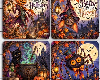 Halloween PNG Bundle, Spooky Season Sublimation, Whimsical Halloween Coaster Designs, Witchy Cat Bat Pumpkin PNG, 4 PNG Set