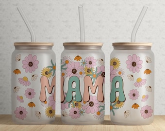 Mama 16 oz Libbey Glass Can, Mothers Day Design, Boho Retro Floral Glass Can Tumbler PNG, Seamless #GLC