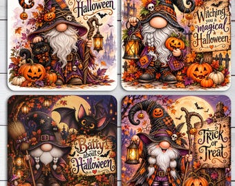 Halloween Gnome Coaster PNG Bundle, 4 Square Coaster Sublimation Designs, Witch Gnome PNG, Halloween Sublimation PNG, Spooky Fall Decor