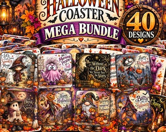 Halloween PNG Bundle, 40 Square Coaster Designs for Sublimation, Whimsical Witchy Art, Spooky Digital Download