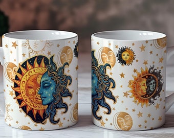 Celestial Sun and Moon Mug, 11oz Mug -15oz Mug Sublimation Design , Coffee Mug Wrap Design, Digital Download #MUG