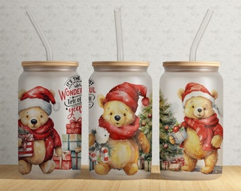 Winnie Pooh Tumbler Wrap, 16oz Libbey Glass Wrap Png, Christmas Holiday Gift , Winnie The Pooh Digital Download #GLC