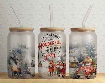 It's the most wonderful time of the year 16oz Glass Can Sublimation Design, Christmas Truck Reindeer Digital Download Png #GLC