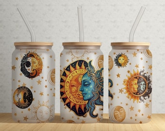Glass Can Wrap - Celestial Sun and Moon - 16oz glass can png design for sublimation, Celestial Magical Wrap, digital download Png #GLC