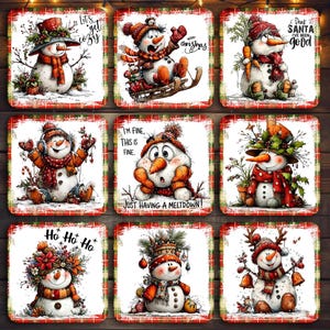 Schneemann-Quadrat-Untersetzer-Sublimationsdesign, Vintage-Weihnachtszitat PNG, Digital-Download-Untersetzer-Set