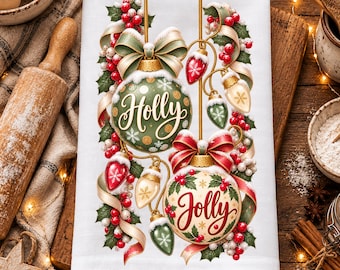Christmas Kitchen Towel Sublimation Design, Holly Jolly PNG, Christmas Ornament Towel PNG, Holiday Tea Towel Design