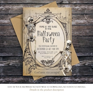 Op de afbeelding: Een rechthoekige Halloween-feestuitnodiging met een vintage beige achtergrond, voorzien van twee gedetailleerde menselijke skeletillustraties, zwarte filigraanranden en de tekst Come if you dare to our Halloween Party.