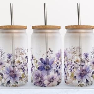 16 oz Libbey Glass Can Tumbler Sublimation Design, Purple Floral Glass Can Png, Boho Summer Floral  Glass Can Tumbler PNG, Seamless #GLC