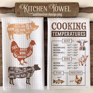 Keukenhanddoek Kooktemperaturen Sublimatie Ontwerpen Boerderijdier Snijwerk Handdoek png, set van twee Praktisch cadeau Digitale download #KTW