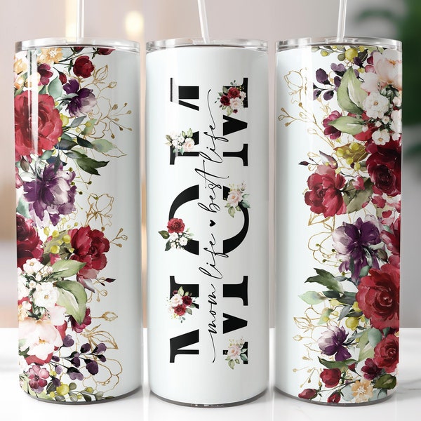 Mom Life Red Roses 20 oz Skinny Tumbler, Seamless Mother's Day Red Rose Gold Floral Sublimation, (plus 9 FREE Designs Included!) #STD