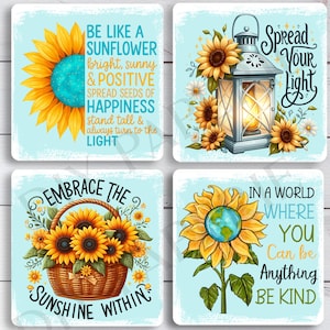 Sunflower Coaster Sublimation Design: Positive Quotes Bundle (PNG Digital Download)
