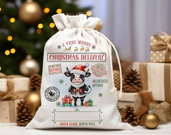 Santa Sack Sublimation Design, Christmas Gift Bag, Santa Cow Bag PNG File, Add Your Name,  Kids Christmas 20x27", #CHS