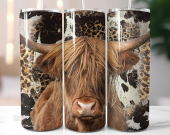 Highland Cow 20 oz Skinny Tumbler Design PNG,  Design Cowgirl Bull Western Country Sublimation Wrap Designs Downloads #STD