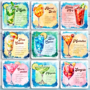 Könnte beinhalten: Neun quadratische Untersetzer mit Aquarell-Illustrationen verschiedener Cocktails, jeder mit einem Rezept für das Getränk. Die Untersetzer zeigen Getränke wie Mojito, Aperol Spritz, Bloody Mary, Pina Colada, Blue Lagoon, Manhattan, Cosmopolitan, Margarita und Sangria.
