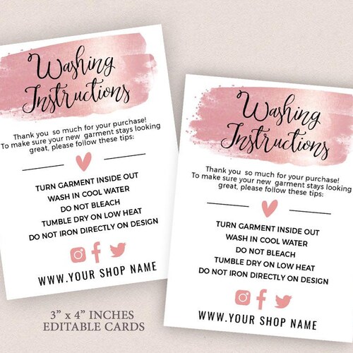 EDITABLE Washing Instructions Template Rose Gold Printable Etsy