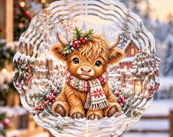 Christmas Wind Spinner PNG, Highland Cow Wind Spinner Design, Christmas Cow Sublimation PNG, Winter Farm Digital Download