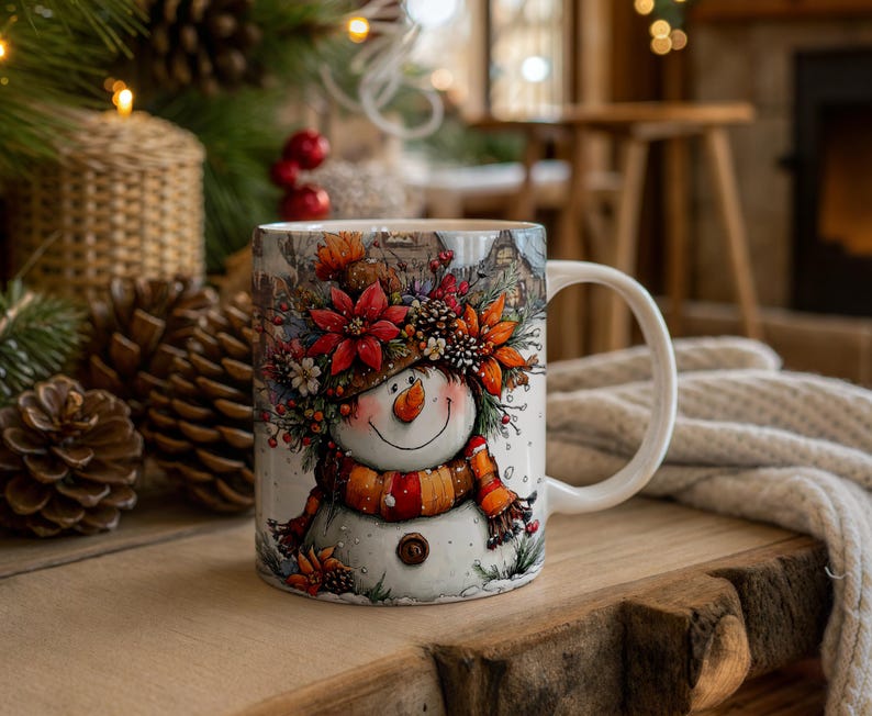 K&ouml;nnte beinhalten: Eine wei&szlig;e Keramik-Tasse mit einem skurrilen Schneemann-Design. Der Schneemann tr&auml;gt einen Blumenhut und einen gestreiften Schal. Die Tasse ist mit einer Winterszene verziert und steht auf einer Holzoberfl&auml;che.