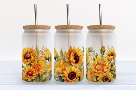 Sunflower 16oz Libbey Glass Can Tumbler Seamless, 16oz Glass Can