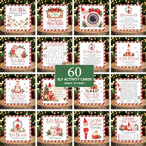 May include: A set of 60 printable Christmas elf activity cards featuring festive illustrations, holiday-themed games, mazes, word searches, and messages from Santa, Mrs. Claus, and elves, all framed with red and green striped borders.
