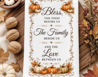 Bless The Food Prayer Kitchen Towel Sublimation Design, Pumpkin Tea Towel PNG, Farmhouse Christian Kitchen Decor, Digital Download