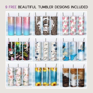May include: Nine different designs of stainless steel tumblers. The designs include glitter, floral, animal print, marble, and wood grain patterns.
