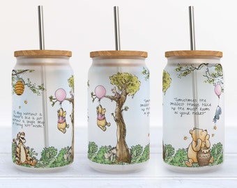 Pink Winnie The Pooh Glass Can Wrap - Digital Download Sublimation Design - Pink Pooh Glass Can PNG - 16oz Template #GLC