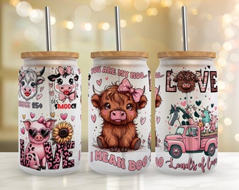 Farm Valentine Glass Can Wrap, Valentine's Day Sublimation Desig, Cute Farm Animals Seamless 16 oz Libbey Glass Can  Wrap Design #GLC