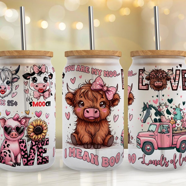 Farm Valentine Glass Can Wrap, Valentine's Day Sublimation Desig, Cute Farm Animals Seamless 16 oz Libbey Glass Can  Wrap Design #GLC