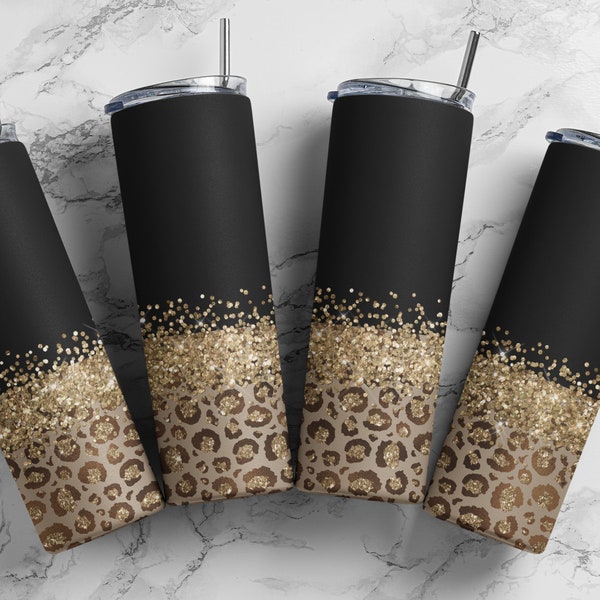 20 oz Skinny Tumbler Sublimation Design Template, Glitter Gold Leopard Tumbler Wrap, PNG For Sublimation, Digital Download, #STD