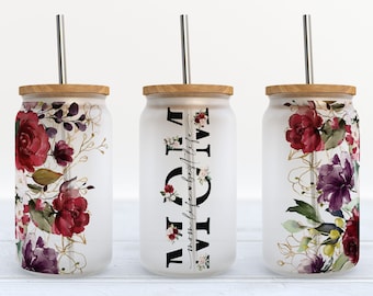 Glass Can Wrap - Mom Burgundy Flower - 16oz glass can png design for sublimation, Mother&#39;s Day digital download Png #GLC