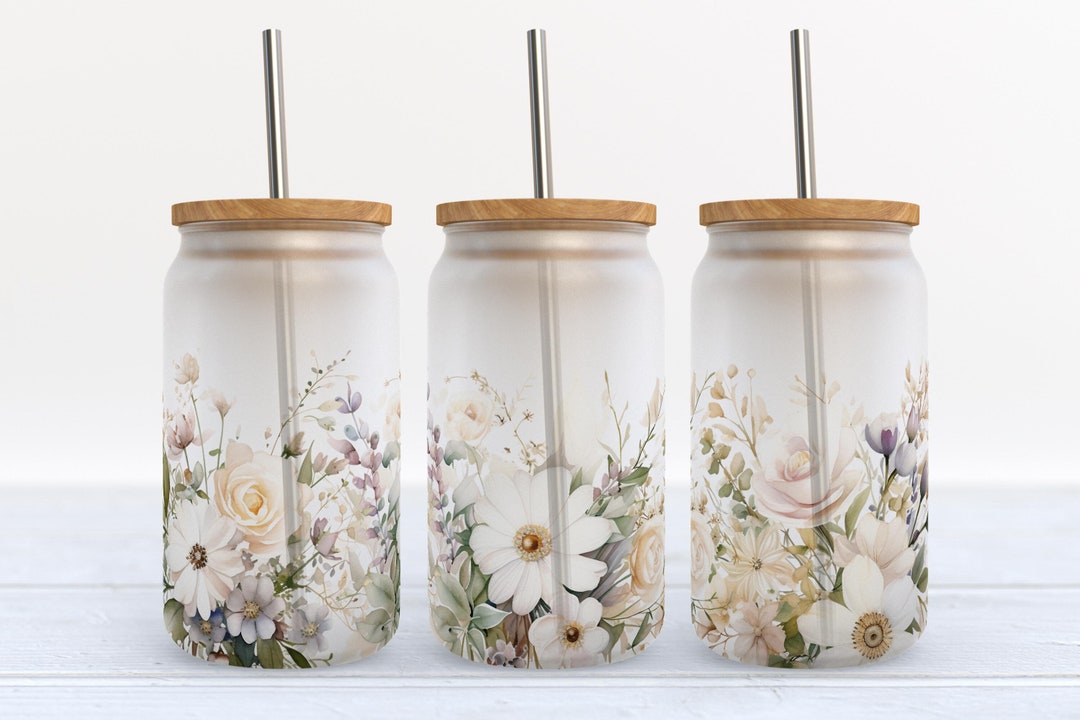 Boho Floral Glass Can Tumbler Sublimation Design (PNG Digital Download ...