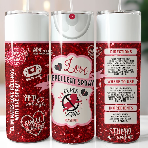 Anti Valentinstag Becher Wrap, Glitter Love Repellent Sprühflasche, 20 Unzen Becher Sublimation PNG, digitaler Download #STD