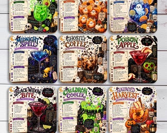 Halloween Square Coaster Designs, Cocktail Recipes Sublimation Bundle, Halloween Drinks, Fun Recipe Coasters, Digital Download